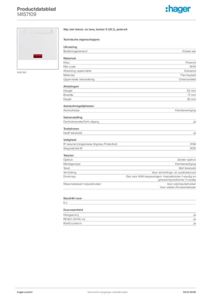 Afbeelding Hager Productdatablad 14157109 | Hager Nederland