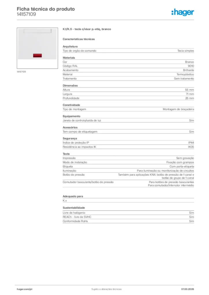 Imagem Hager Ficha técnica do produto 14157109 | Hager Portugal