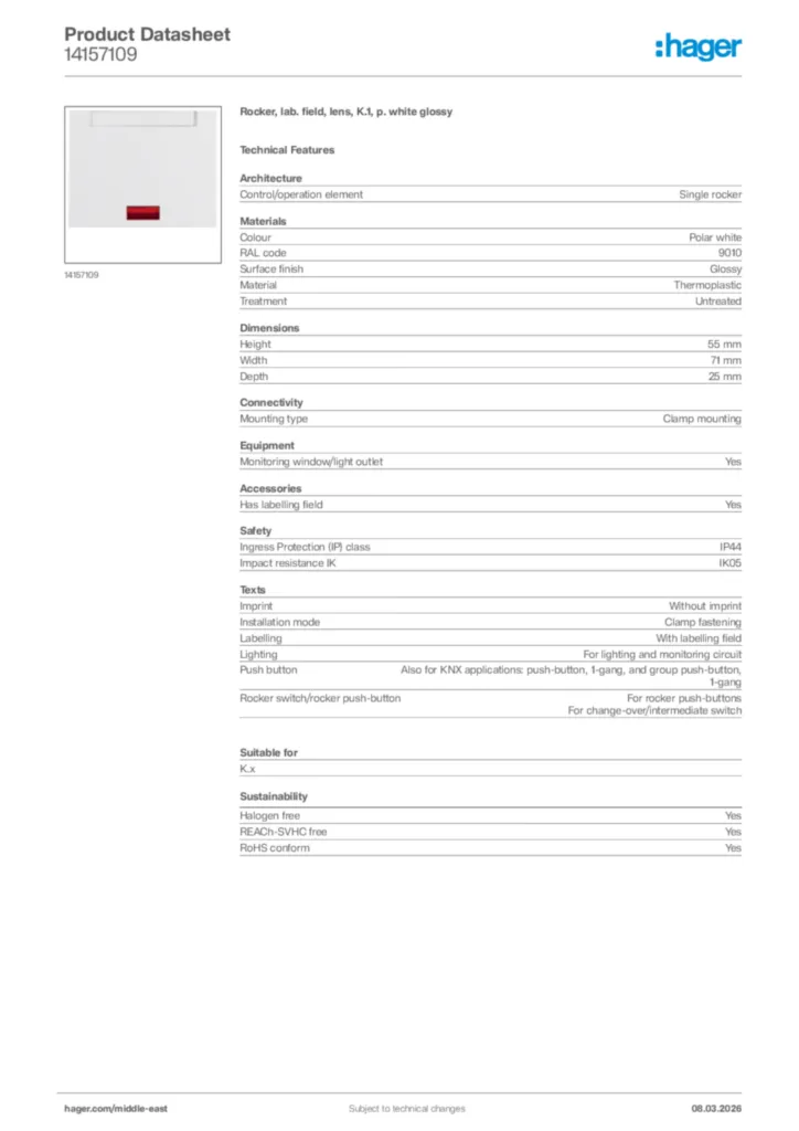 Image Hager Product data sheet 14157109  | Hager