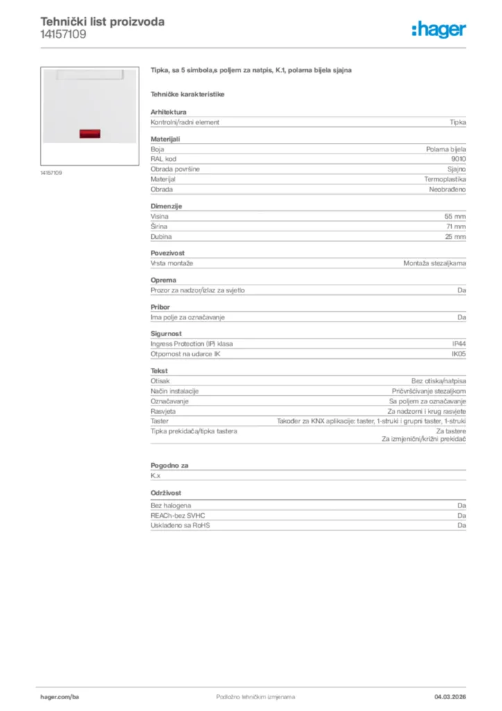 Slika Hager Tehnički list proizvoda 14157109  | Hager