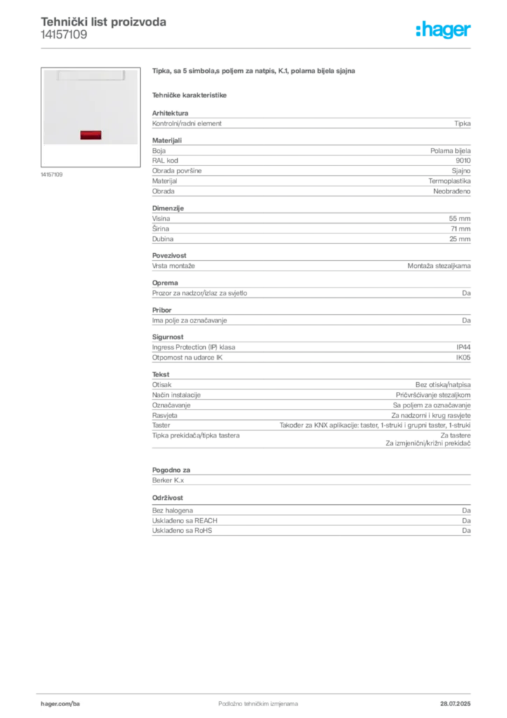 Slika Hager Product data sheet 14157109  | Hager