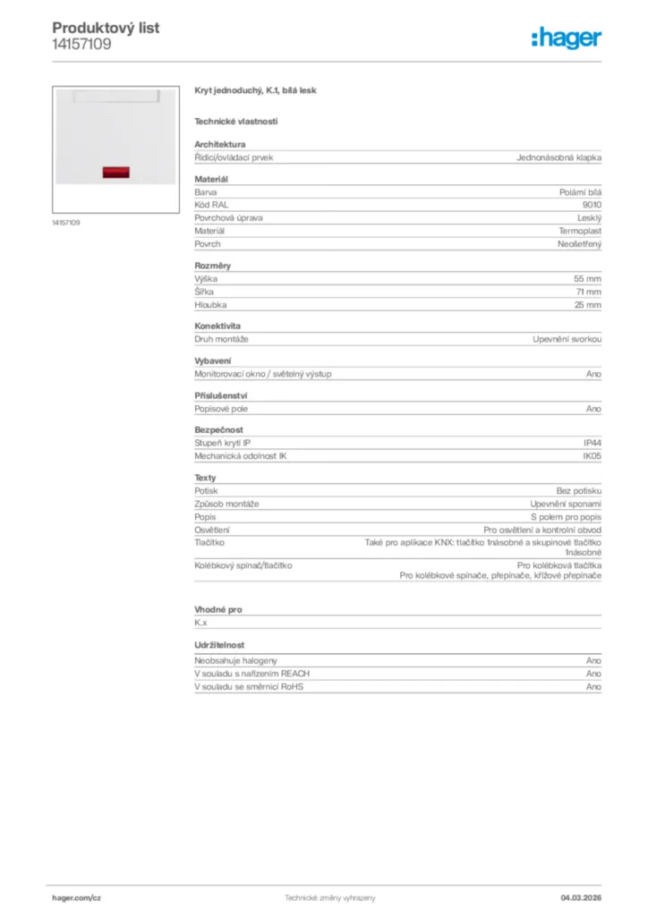 Obrázek Hager Product data sheet 14157109 | Hager