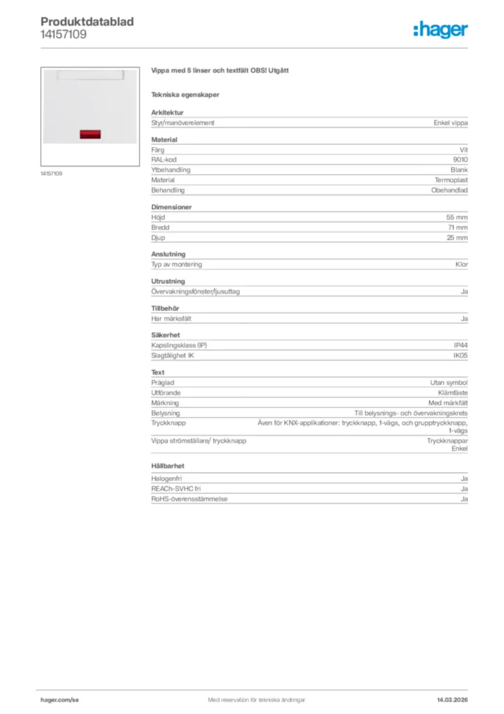 Bild Hager Produktdatablad 14157109 | Hager Sverige