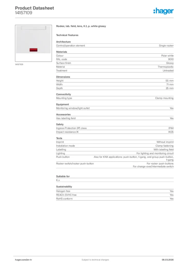 Image Hager Product data sheet 14157109  | Hager