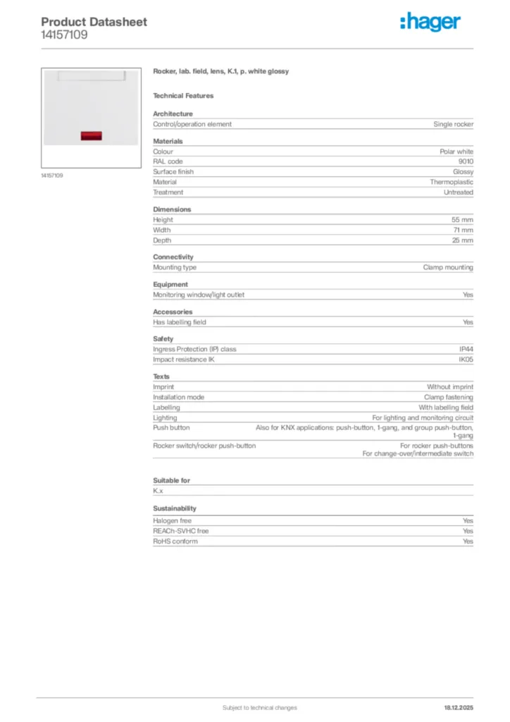 Image Hager Product data sheet 14157109  | Hager