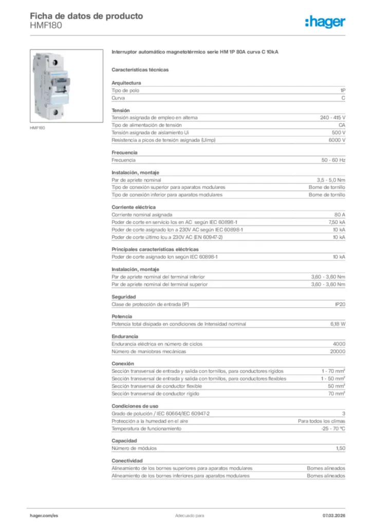 Imagen Hager Ficha de datos de producto HMF180 | Hager España