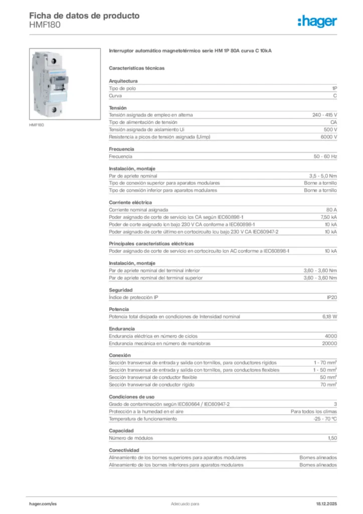Imagen Hager Ficha de datos de producto HMF180 | Hager España