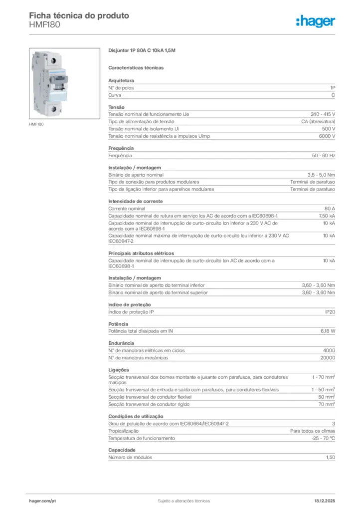 Imagem Hager Ficha técnica do produto HMF180 | Hager Portugal