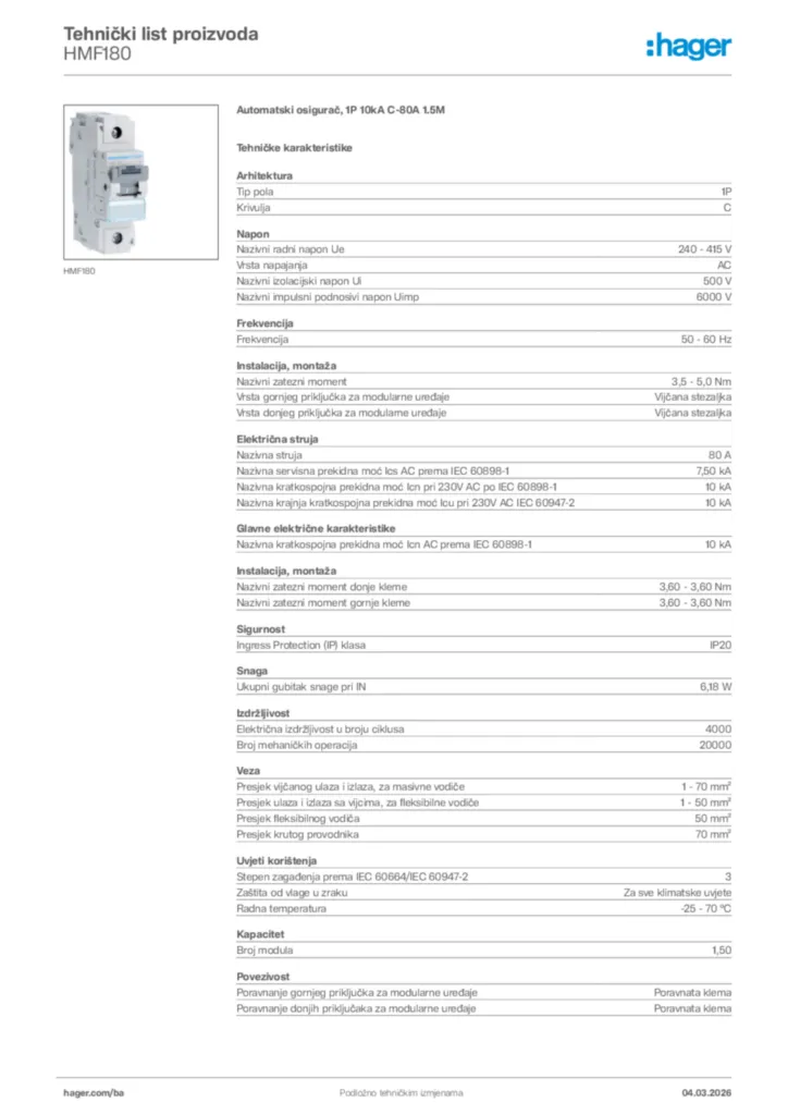 Slika Hager Tehnički list proizvoda HMF180  | Hager