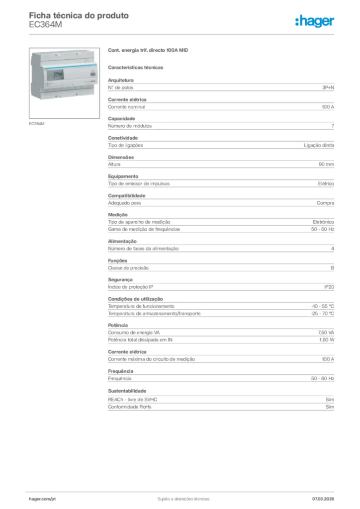 Imagem Hager Ficha técnica do produto EC364M | Hager Portugal