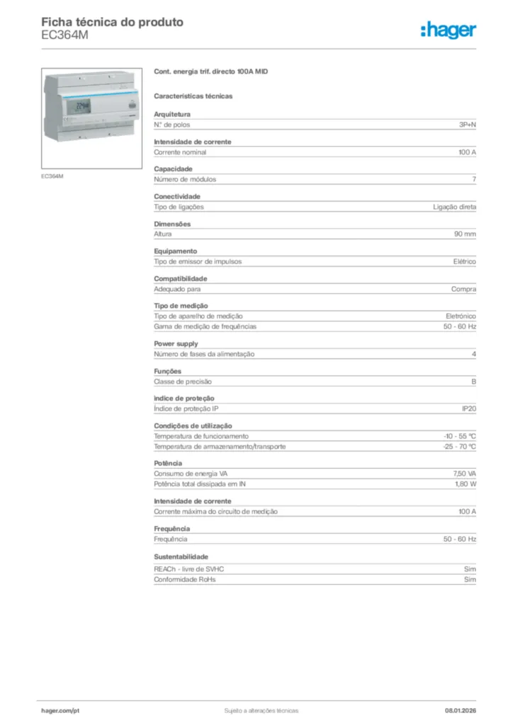 Imagem Hager Ficha técnica do produto EC364M | Hager Portugal