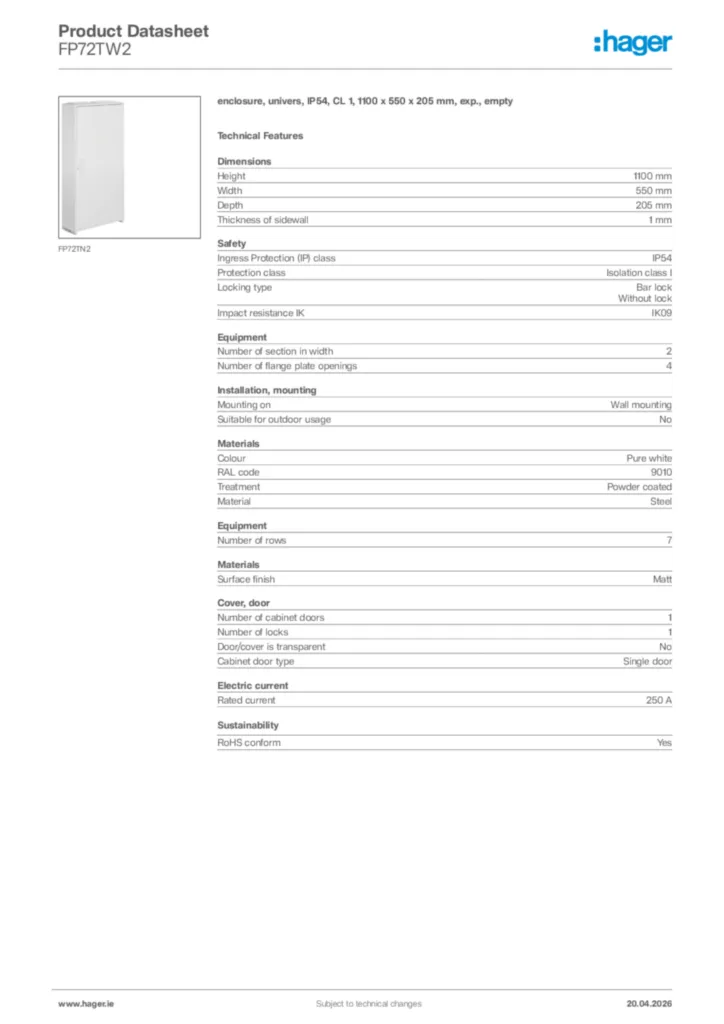 Image Hager Product data sheet FP72TW2  | Hager