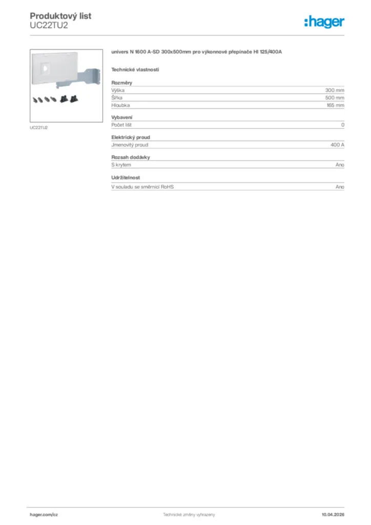 Obrázek Hager Product data sheet UC22TU2 | Hager