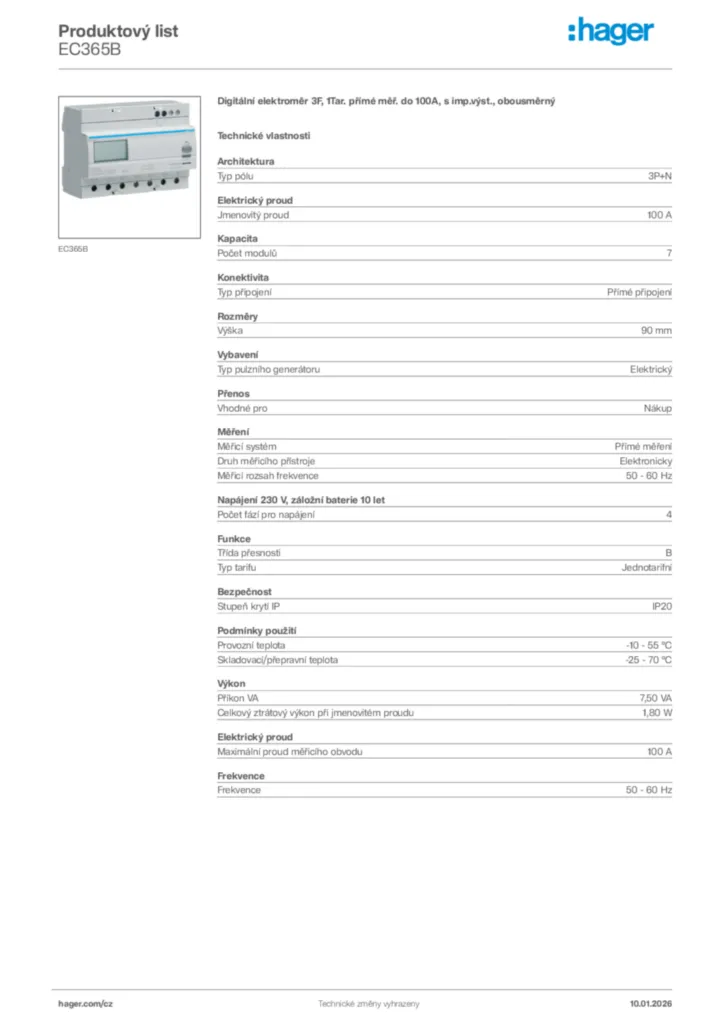 Obrázek Hager Product data sheet EC365B | Hager