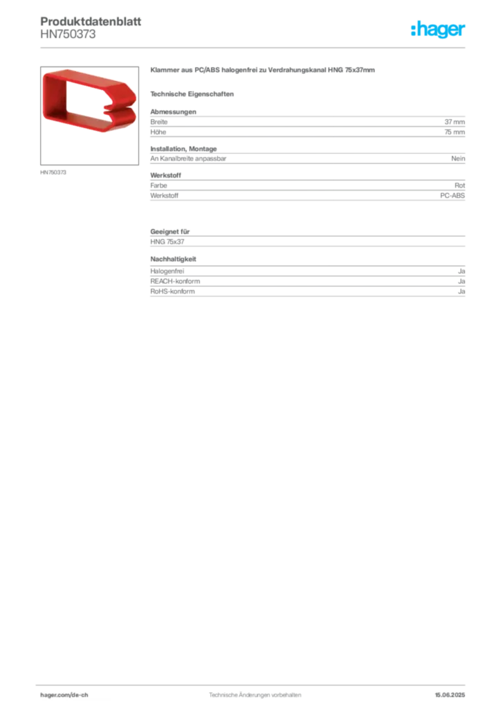 Bild Hager Produktdatenblatt HN750373 | Hager Schweiz