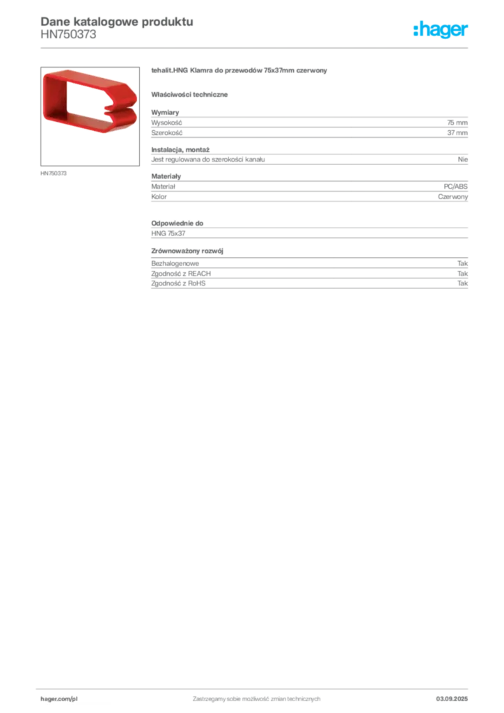 Zdjęcie Hager Karta katalogowa HN750373 | Hager Polska