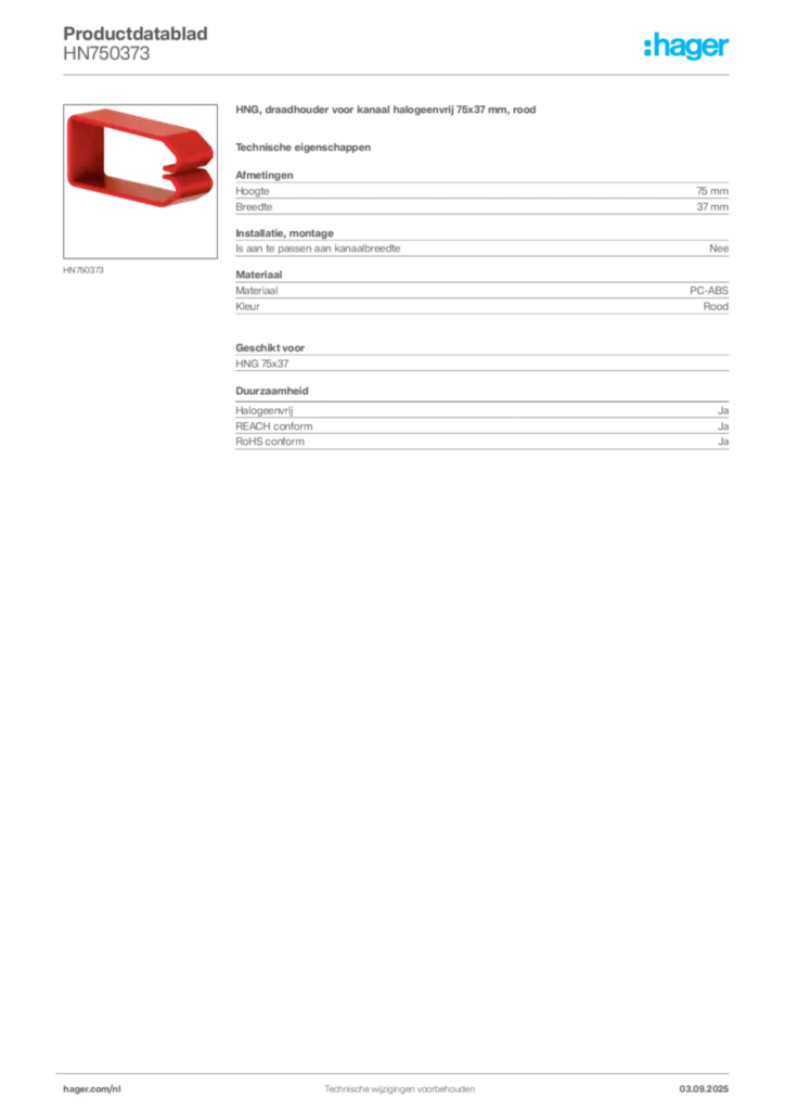 Afbeelding Hager Productdatablad HN750373 | Hager Nederland
