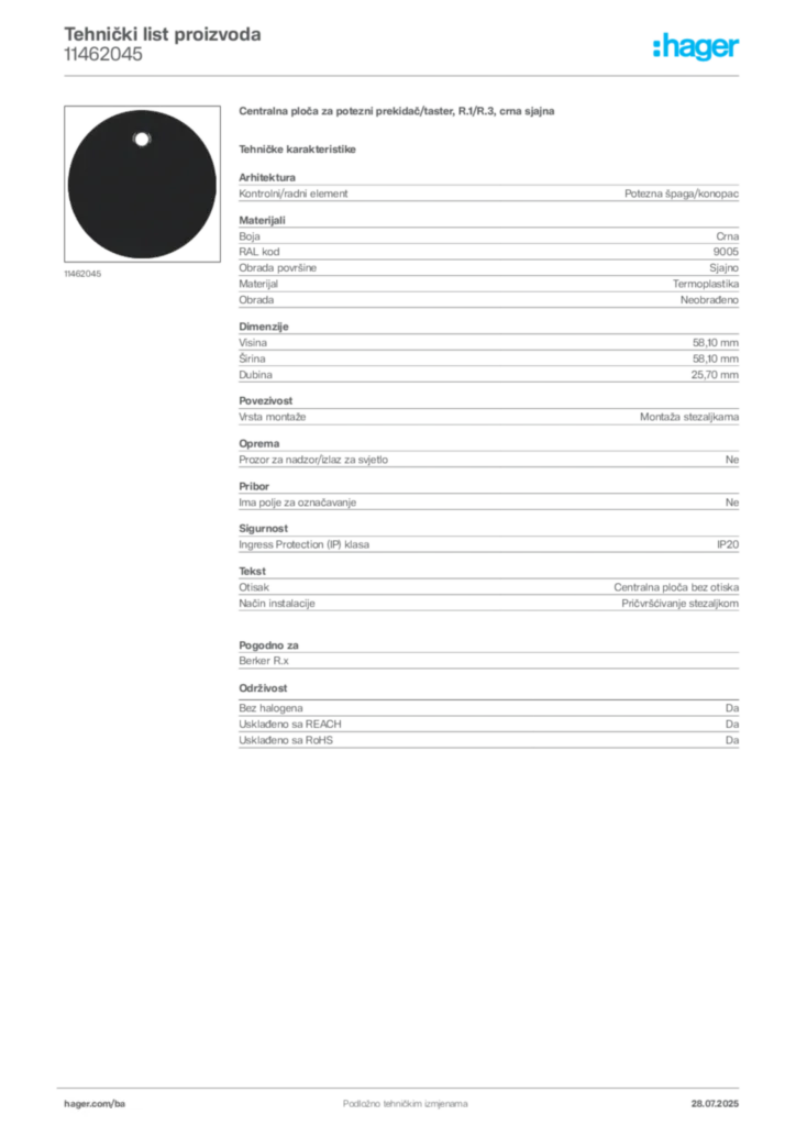 Slika Hager Product data sheet 11462045  | Hager