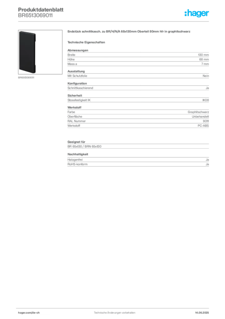 Bild Hager Produktdatenblatt BR6513069011 | Hager Schweiz