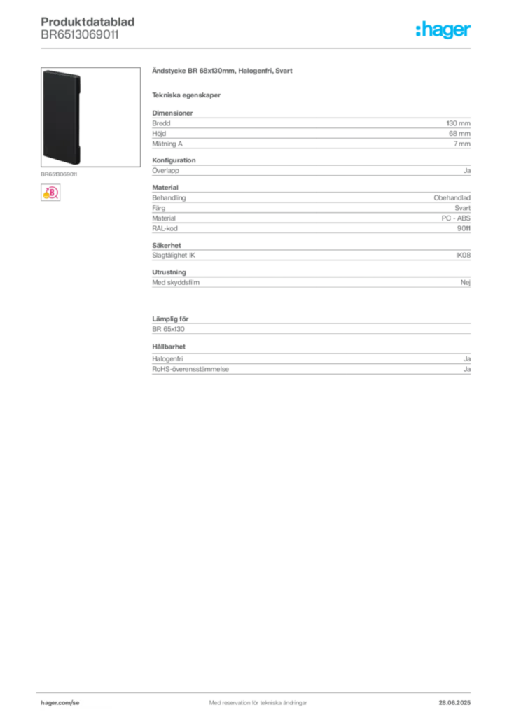 Bild Hager Produktdatablad BR6513069011 | Hager Sverige
