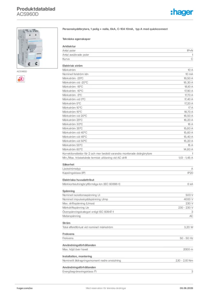 Bild Hager Produktdatablad ACS960D | Hager Sverige