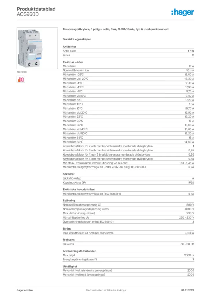 Bild Hager Produktdatablad ACS960D | Hager Sverige