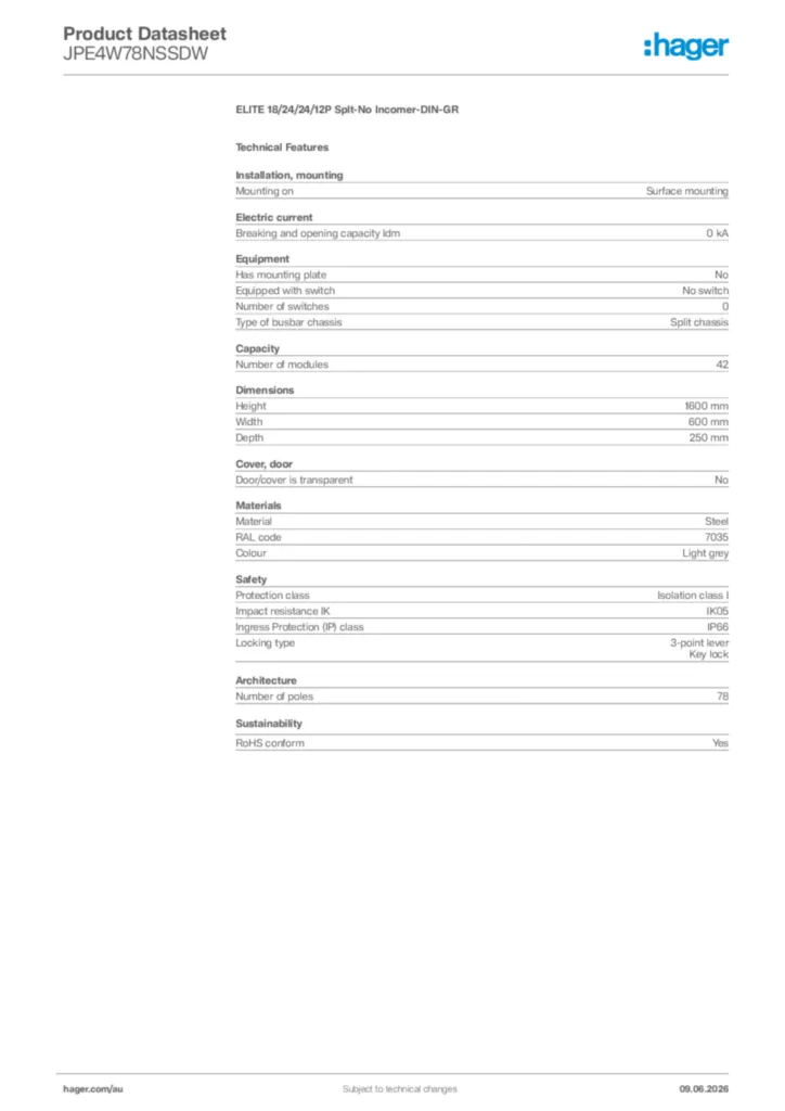 Image Hager Product data sheet JPE4W78NSSDW  | Hager Australia