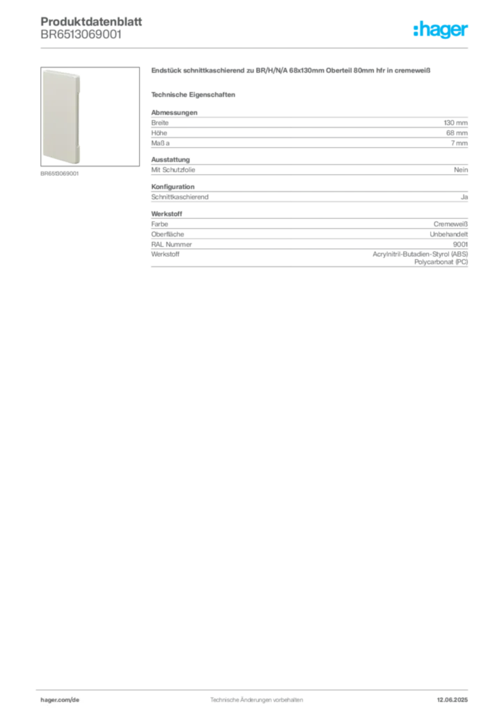 Bild Hager Produktdatenblatt BR6513069001 | Hager Deutschland