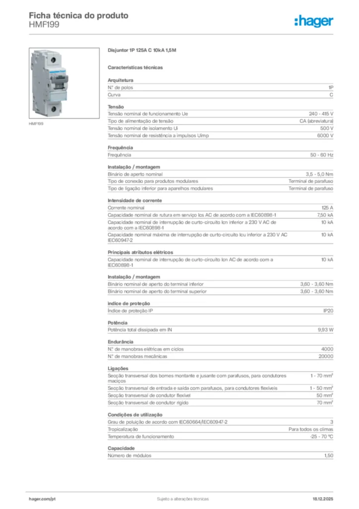 Imagem Hager Ficha técnica do produto HMF199 | Hager Portugal