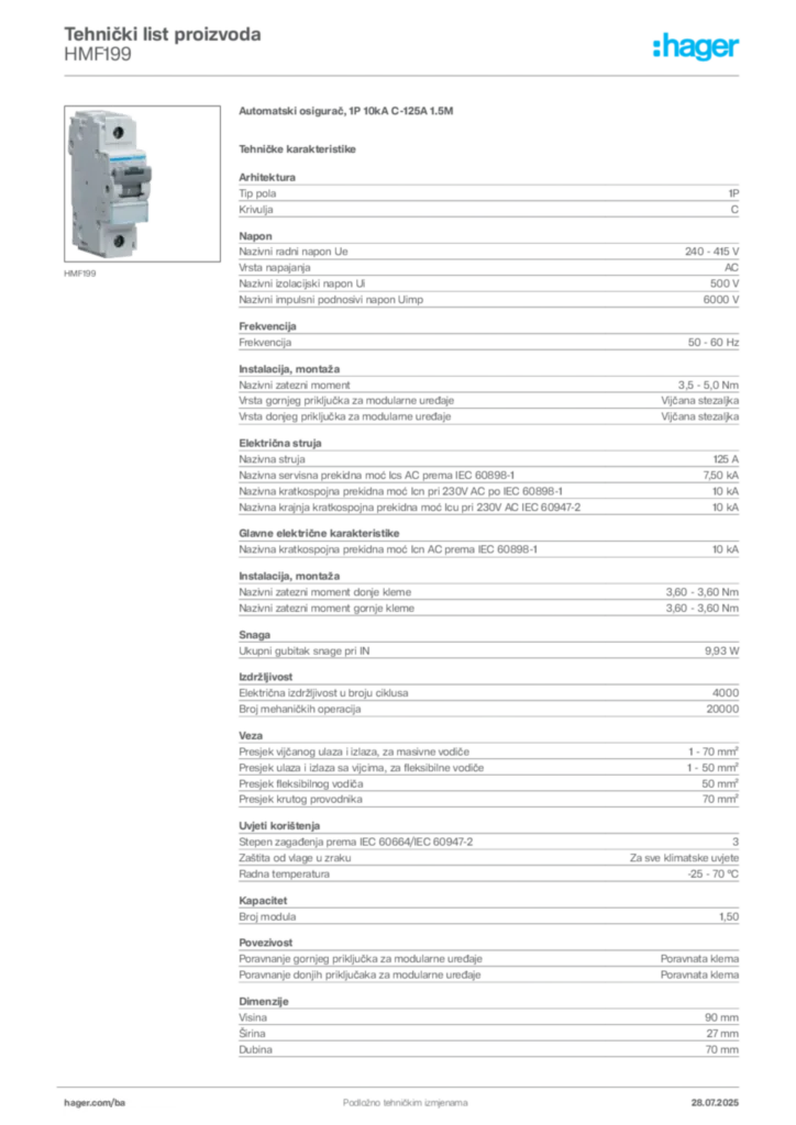 Slika Hager Product data sheet HMF199  | Hager