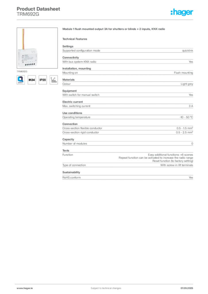 Image Hager Product data sheet TRM692G  | Hager