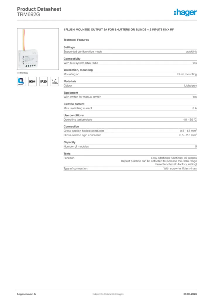 Image Hager Product data sheet TRM692G  | Hager