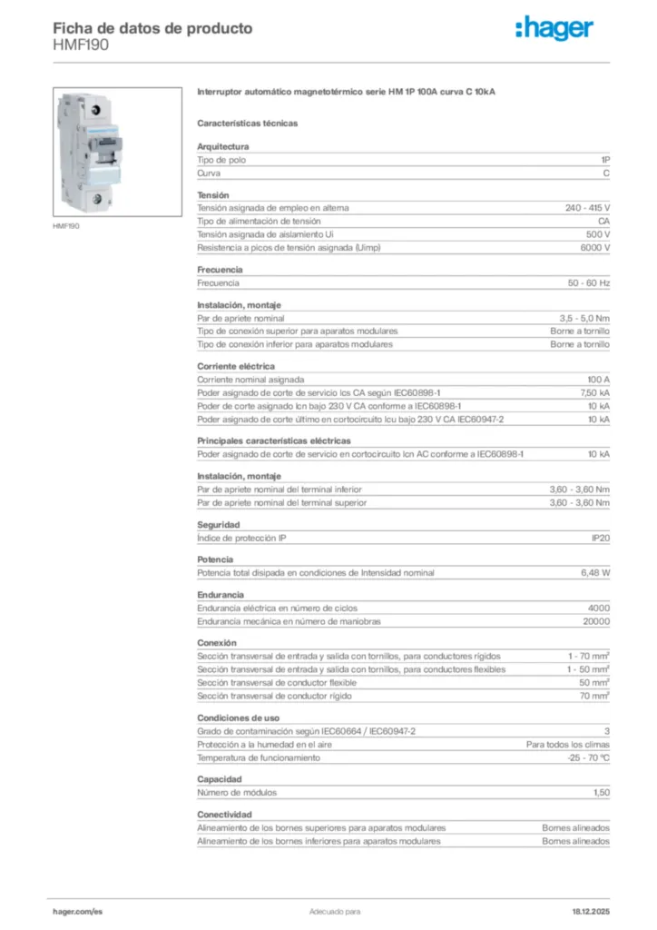 Imagen Hager Ficha de datos de producto HMF190 | Hager España