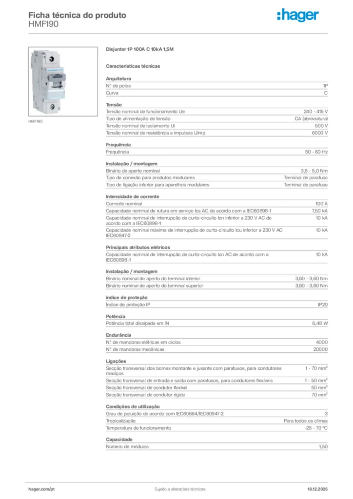 Imagem Hager Ficha técnica do produto HMF190 | Hager Portugal