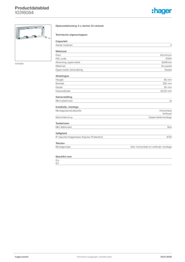 Afbeelding Hager Productdatablad 10316084 | Hager Nederland