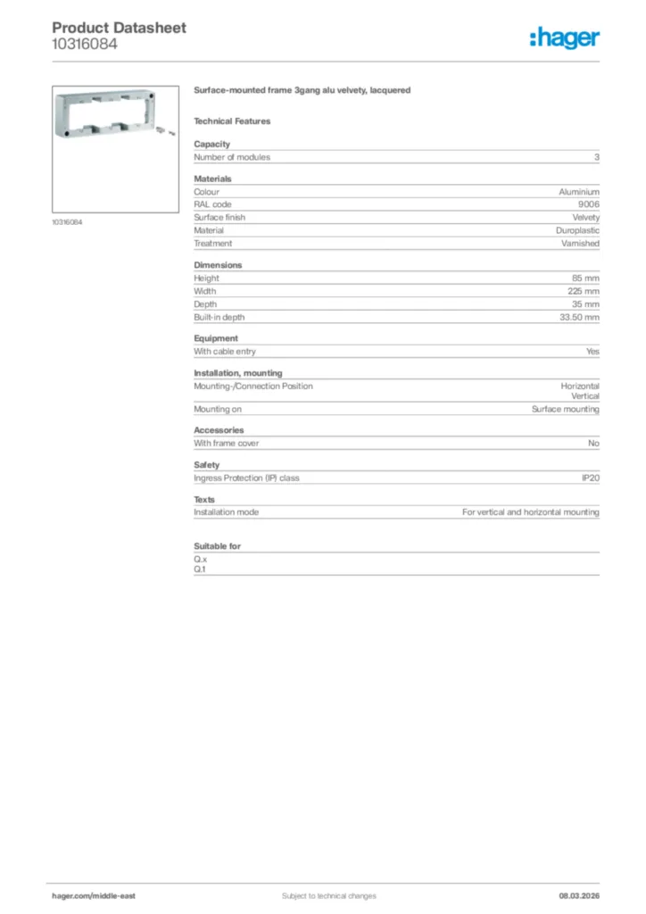 Image Hager Product data sheet 10316084  | Hager