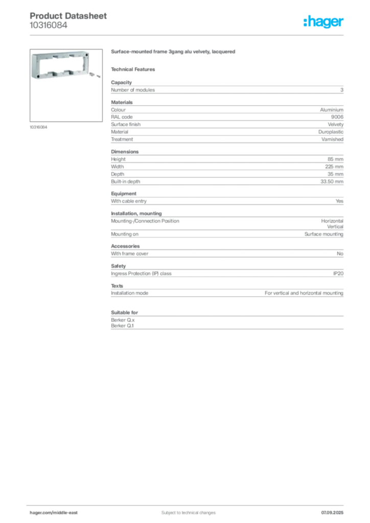 Image Hager Product data sheet 10316084  | Hager