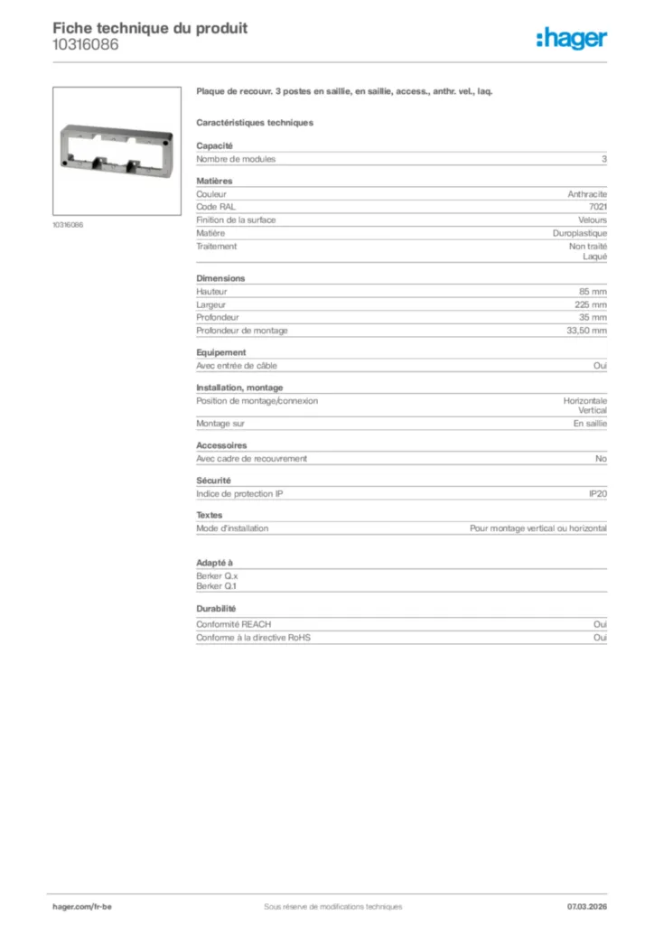Image Hager Fiche technique du produit 10316086 | Hager Belgique