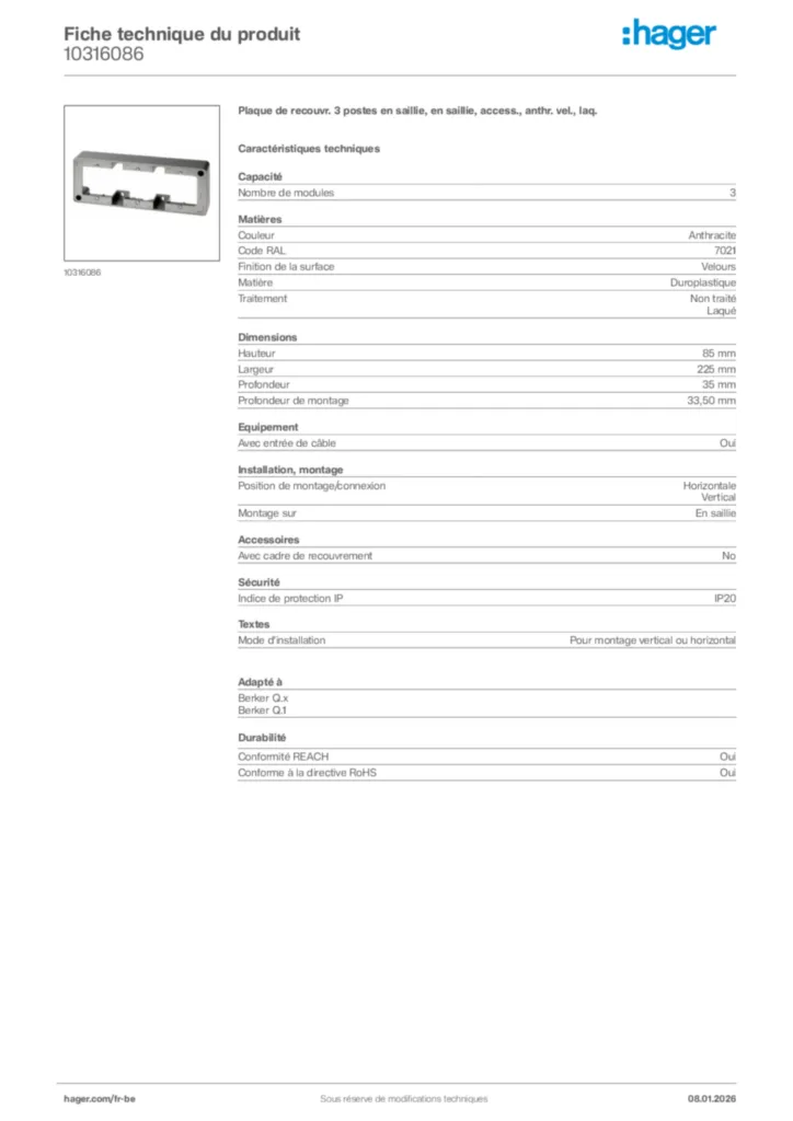 Image Hager Fiche technique du produit 10316086 | Hager Belgique