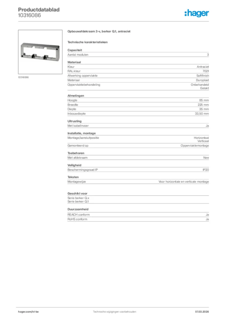 Afbeelding Hager Productdatablad 10316086 | Hager Belgium