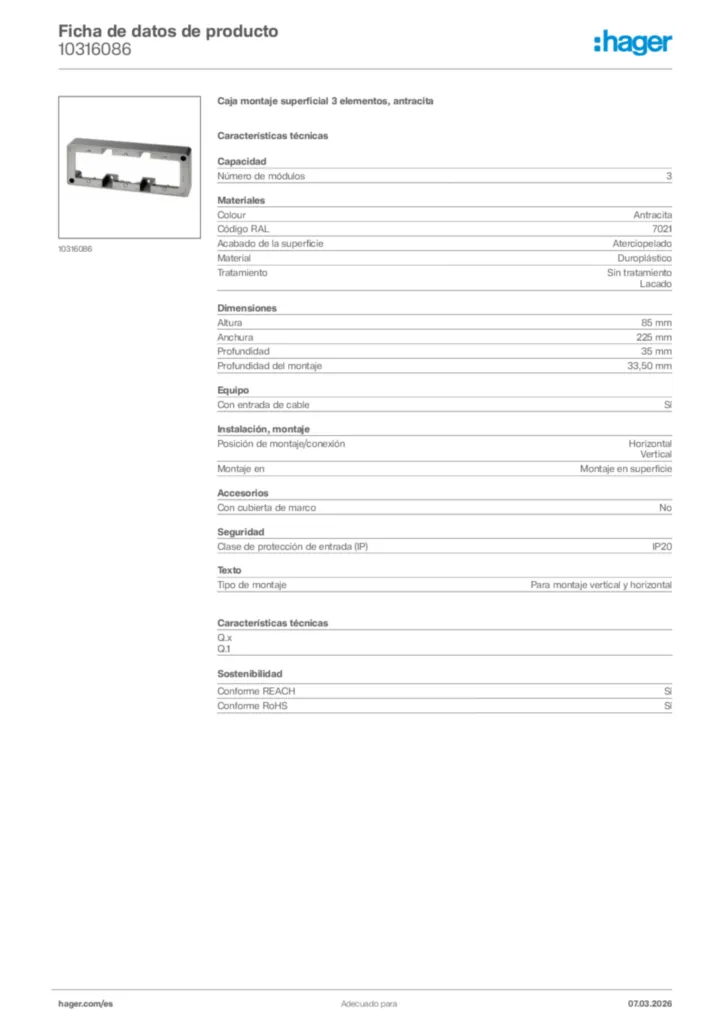 Imagen Hager Ficha de datos de producto 10316086 | Hager España