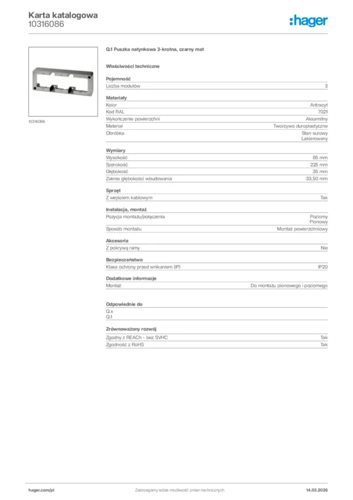 Zdjęcie Hager Karta katalogowa 10316086 | Hager Polska
