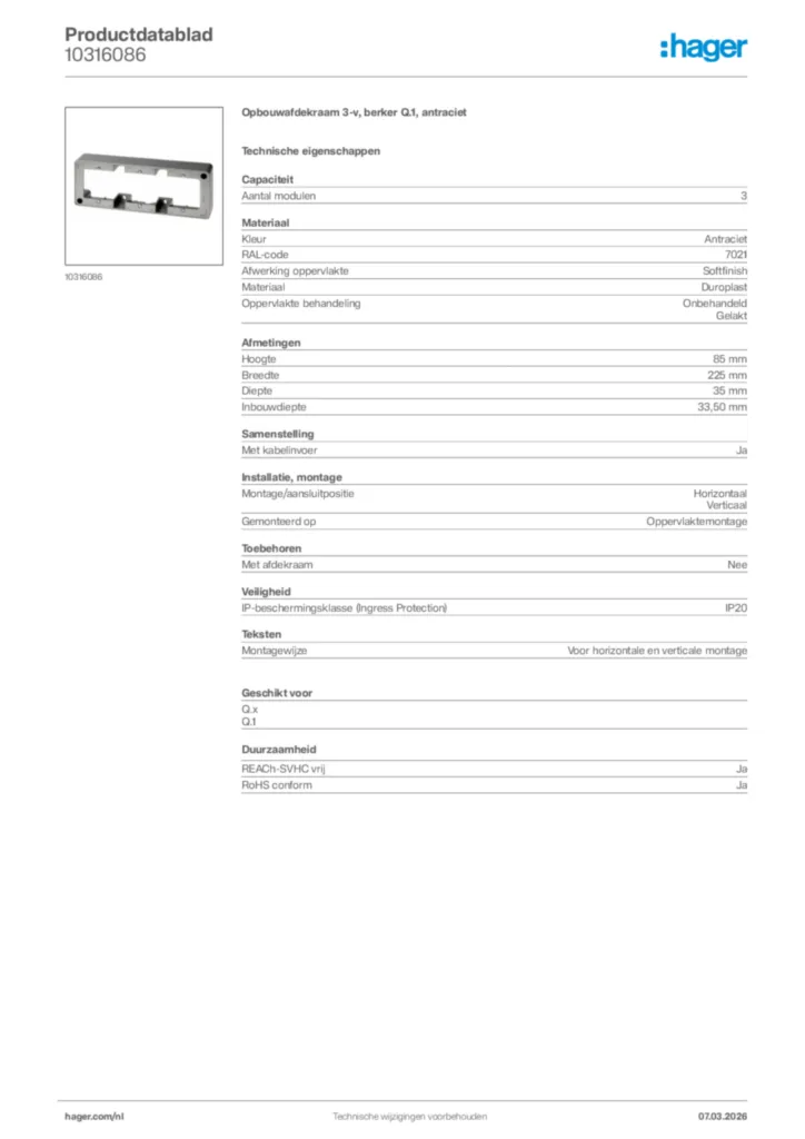 Afbeelding Hager Productdatablad 10316086 | Hager Nederland