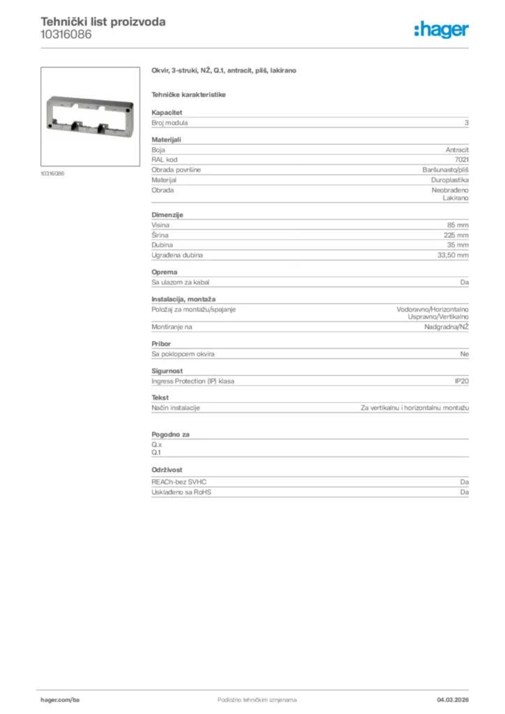 Slika Hager Tehnički list proizvoda 10316086  | Hager
