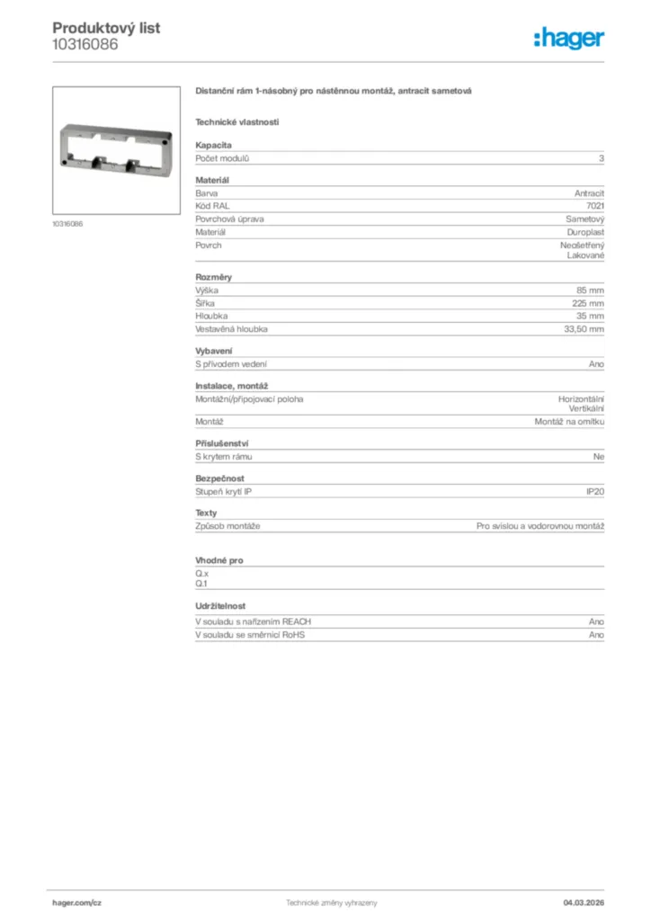 Obrázek Hager Product data sheet 10316086 | Hager