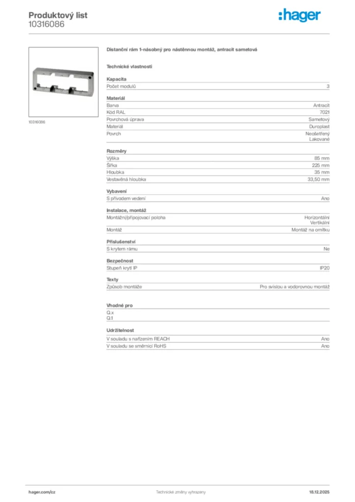Obrázek Hager Produktový list 10316086 | Hager
