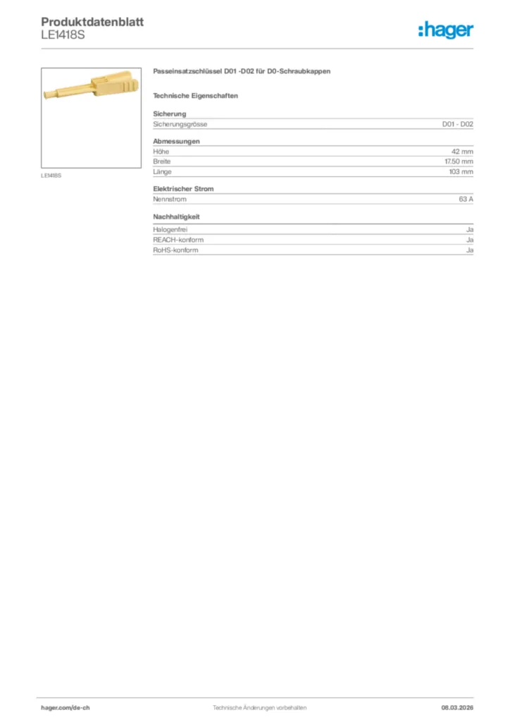 Bild Hager Produktdatenblatt LE1418S | Hager Schweiz