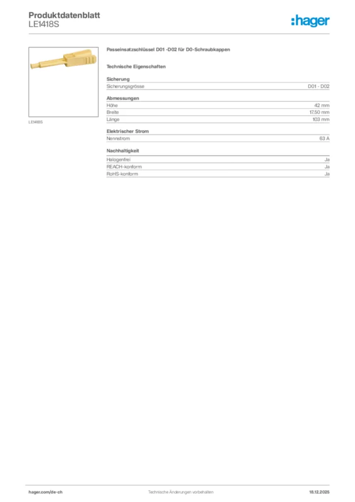 Bild Hager Produktdatenblatt LE1418S | Hager Schweiz
