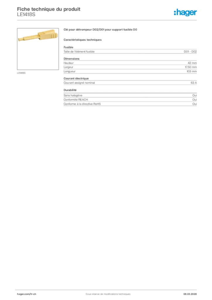 Image Hager Fiche technique du produit LE1418S | Hager Suisse