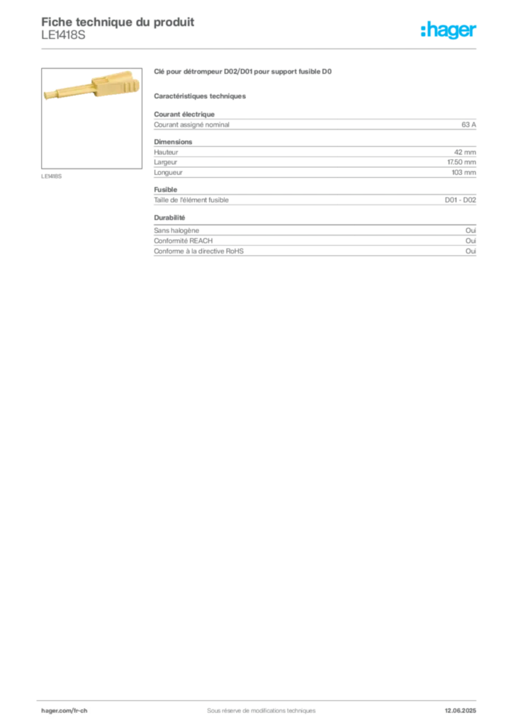 Image Hager Fiche technique du produit LE1418S | Hager Suisse